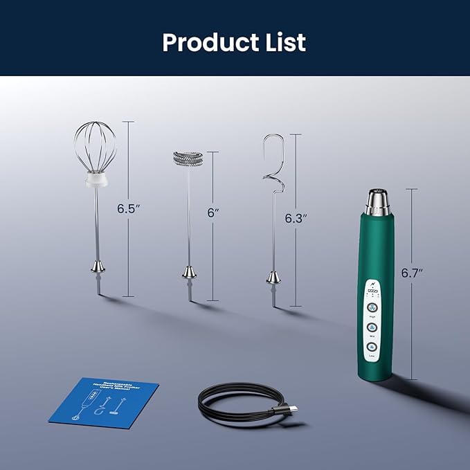 Milk Frother Rechargeable Handheld-Electric Whisk 3 Speed Adjustable, Coffee Frother Wand with 3 Stainless Whisks, Electric Foam Maker, Drink Mixer Blender for Latte Cappuccino Matcha Egg
