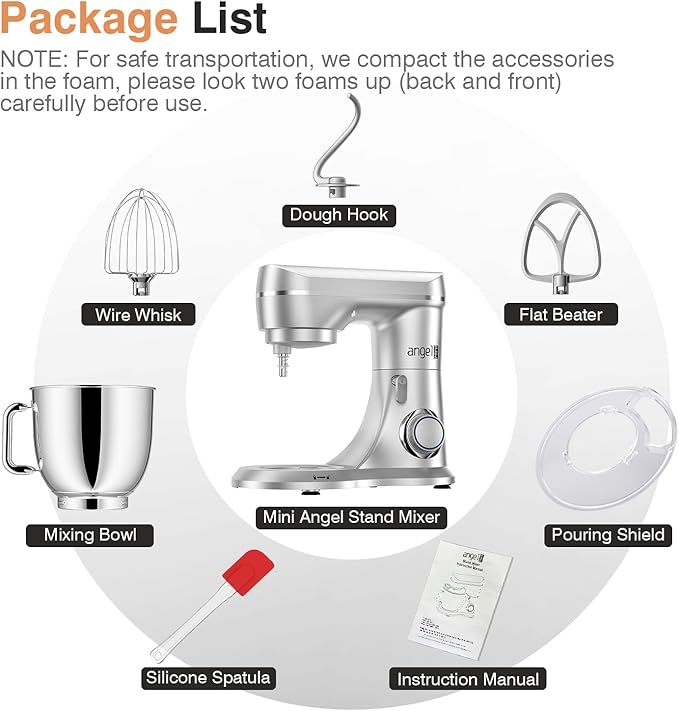 Mini Angel Stand Mixer,10-Speed 5QT Kitchen Electric Mixer,Tilt-Head Food Mixer with Dough Hook, Wire Whisk, Flat Beater, Stainless Steel Bowl (Silver)
