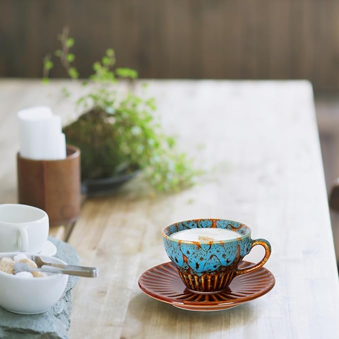 2 oz Espresso Cups Set of 2, Ceramic Cappuccino Cups with Saucers, Durable Porcelain Tea Set & Modern Coffee Cup Collection, Coffee Lover Gifts, Glazed Blue