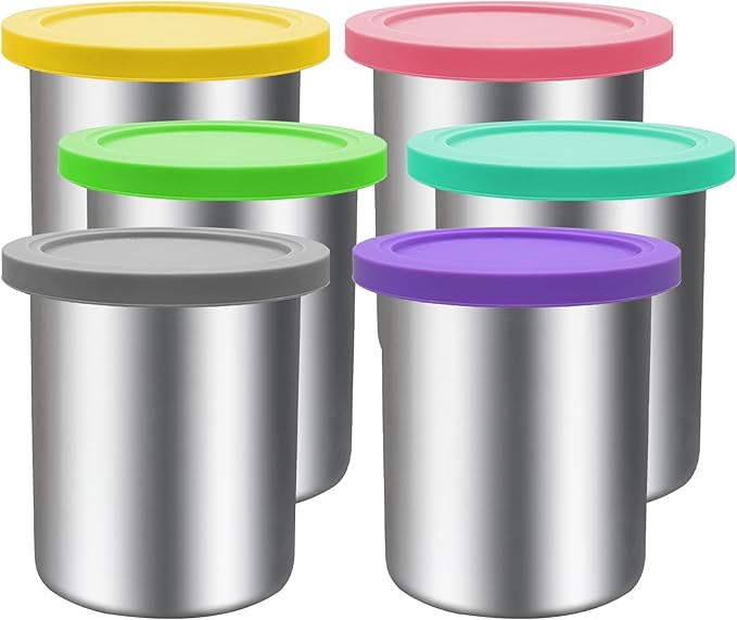 Stainless Steel Pint Containers & Lids Compatible with Ninja Creami ice Cream Maker NC500, NC501, CN501CO Delux Series– 6 Pack, 24 oz, Silicone Lids, BPA-Free, Dishwasher Safe