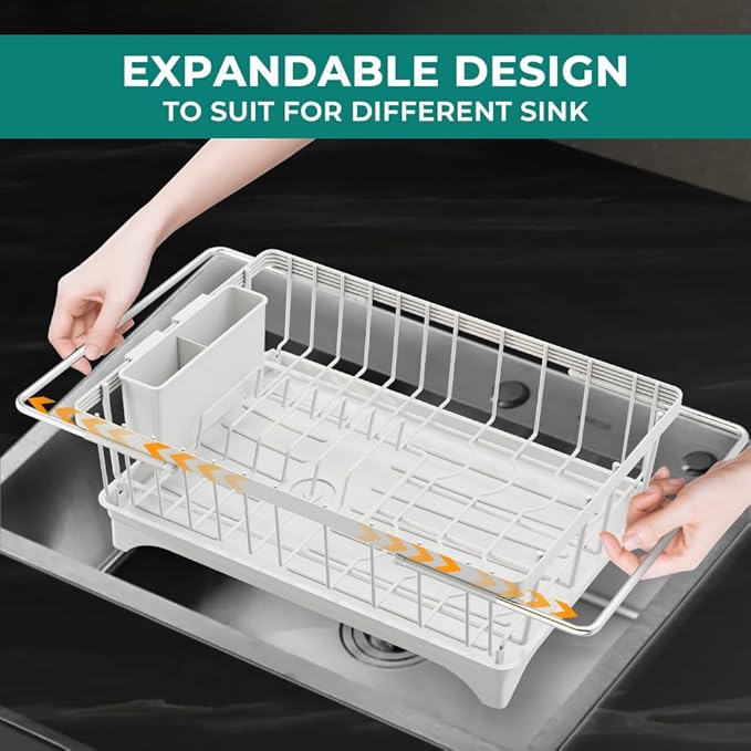 Small Dish Drying Rack in Sink, Expandable Stainless Steel Dish Drainers for Kitchen Counter, with Drain Board & Utensil Holder(White)