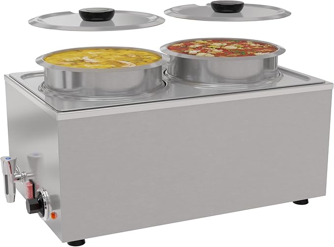 KoolMore Commercial Bain Marie Countertop Food Warmer, Soup Station, and Buffet Table Server with Two Serving Pots and Tap, Stainless-Steel Steamer with Auto Shut Off (CFW-4T), Silver