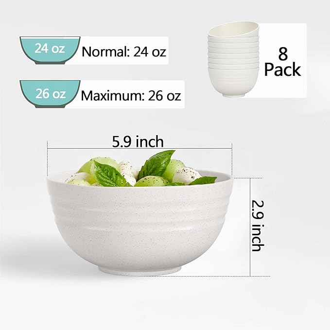 Homestockplus 24 Oz Unbreakable Cereal Bowls Set of 8 - Microwave & Dishwasher Safe Wheat Straw Fiber Bowls for Soup, Rice, Salad - Eco-Friendly and Robust 【Non Ceramic】