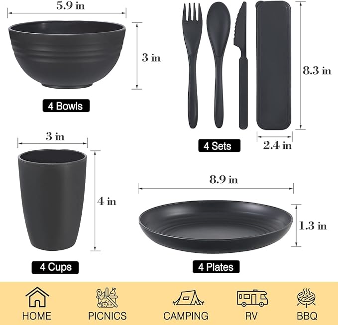 Wheat Straw Dinnerware Sets, Wheat Straw Plates and Bowls Sets for 4 Kitchen Dishes 28pcs College Dorm Room Essentials Cutlery Set Microwave Safe (Gray)