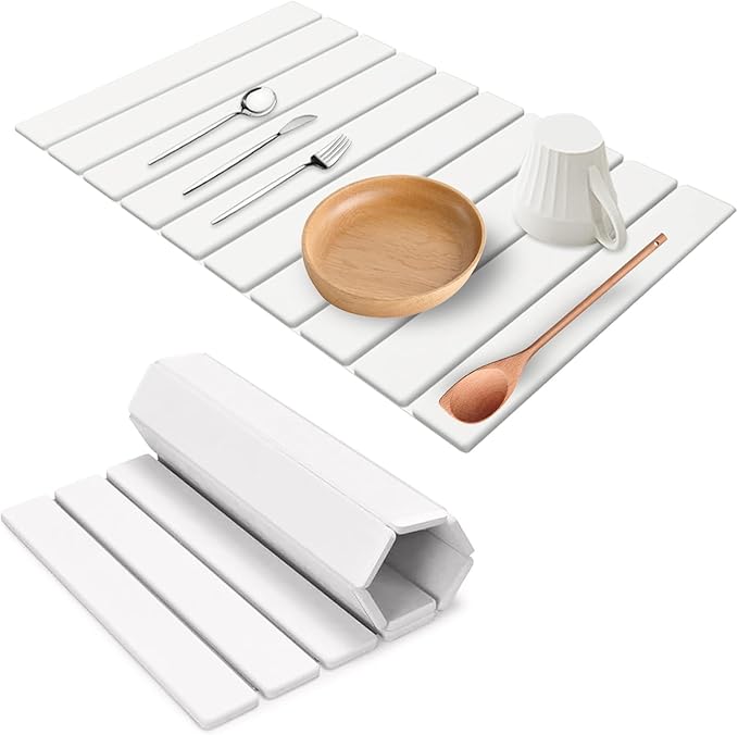 Large Stone Dish Drying Mats for Kitchen Counter, 24"(L)×16"(W), Fast Dry Super Absorbent Collapsible Dish Drying Pad (White, 24"(L)×16"(W))