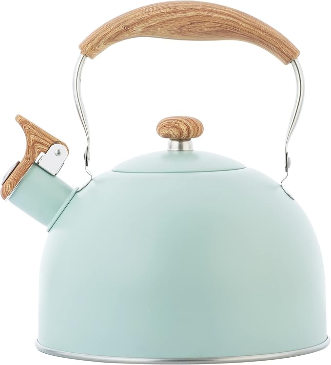Whistling Stainless Steel Diamond Pattern Tea Kettle with Wood Grain Anti Heat Handle, Stainless Steel Cover Wood Grain Nylon Cover Top Tea Pot (Green)