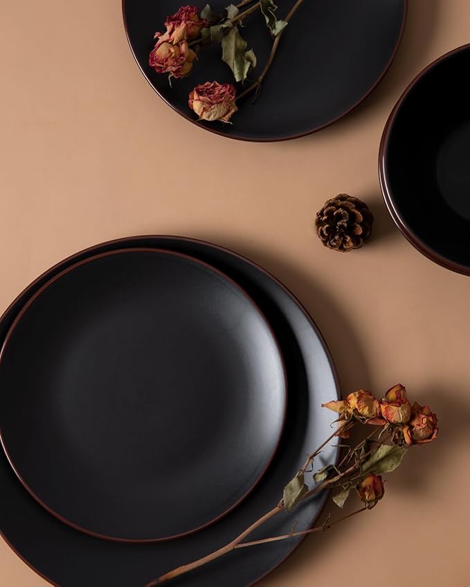 Famiware Venus Plates and Bowls Sets, 18 Pieces Stoneware Dinnerware Sets, Dishes Set for 6, Microwave and Dishwasher Safe, Matte Black