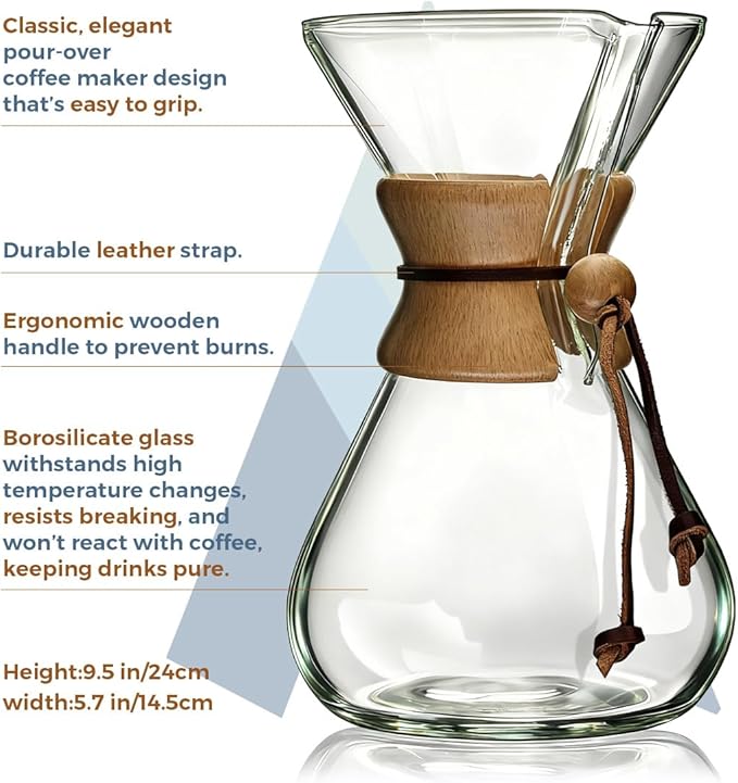 AGOGO Pour Over Coffee Maker Set Glass Coffee Maker with 50pcs Filter Paper -for Home, Office, Camping, Cafes - Easy Clean Coffee Dripper Set (Rag&Brush Included)(10 Cup/34oz)