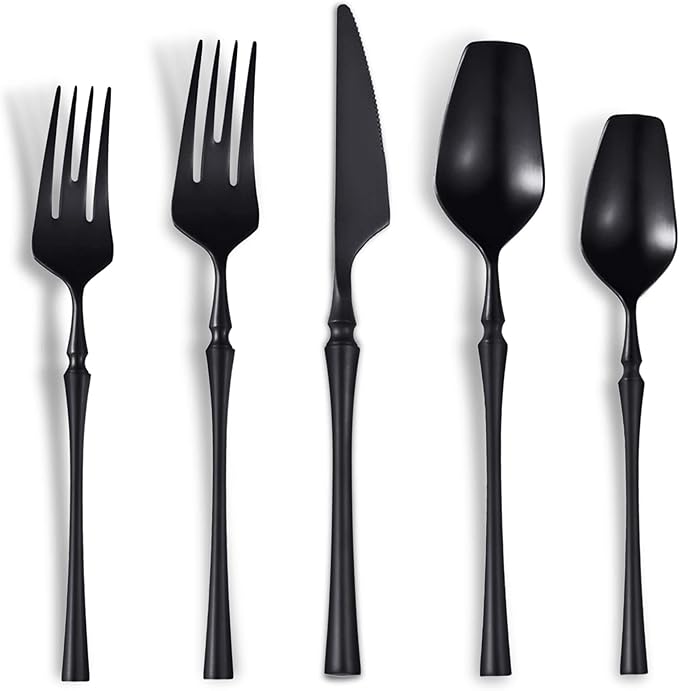Lemeya 20-Piece Matte Black Silverware Set for 4,Modern 18/10 Stainless Steel Flatware Set,Unique Rustic Cutlery Utensils Set,Spoon and Fork Set for Home, Restaurant,Mirror Polished,Dishwasher Safe