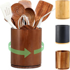 Wooden Utensil Holder, 360°Rotating 7.3'' Large Utensil Holder for Kitchen Counter, Kitchen Utensil Organizer, Utensil Crock, Farmhouse Kitchens Countertop Decor, Walnut-finish