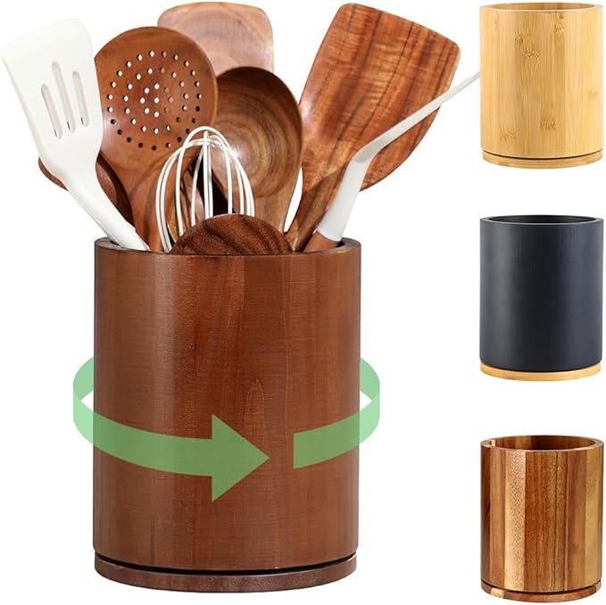 Wooden Utensil Holder, 360°Rotating 7.3'' Large Utensil Holder for Kitchen Counter, Kitchen Utensil Organizer, Utensil Crock, Farmhouse Kitchens Countertop Decor, Walnut-finish