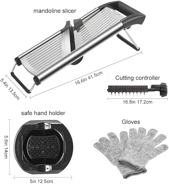 Mandoline Food Slicer, Adjustable Mandoline Slicer for Kitchen, Stainless Steel Mandolin Vegetable Chopper for Potato/Tomato/Onion, Vegetable Slicer Julienne Cutter with Cut-Resistant Gloves