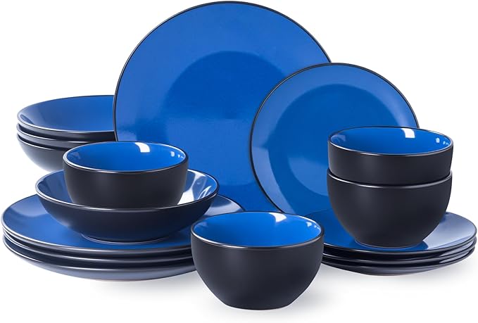 Plates and Bowls Sets for 4 - CJDC-QUELO 16-Piece Stoneware Dinnerware Sets, Ceramic Dishware Set for Indoor Kitchen Use and Formal Dining, Chip and Scratch Resistant Microwave Dishwasher Safe, Blue