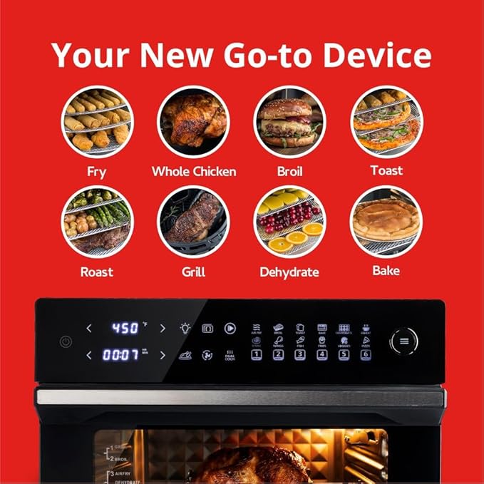 Aria 36 Qt Air Fryer Oven, Ariawave Stainless Steel Air Fryer with Rotisserie, Basket, & Grill Trays, Easy Clean Large Countertop Convection Oven, XL Touchscreen Display & Cooking Presets, Black