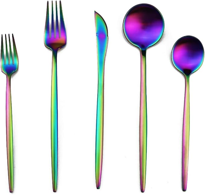 Matte Rainbow Silverware, Gugrida 5-Piece 18/10 Stainless Steel Flatware Set, Satin Finish Kitchen Utensils, Tableware Travel Cutlery for Camping, Office or School Lunch, Dishwasher Safe