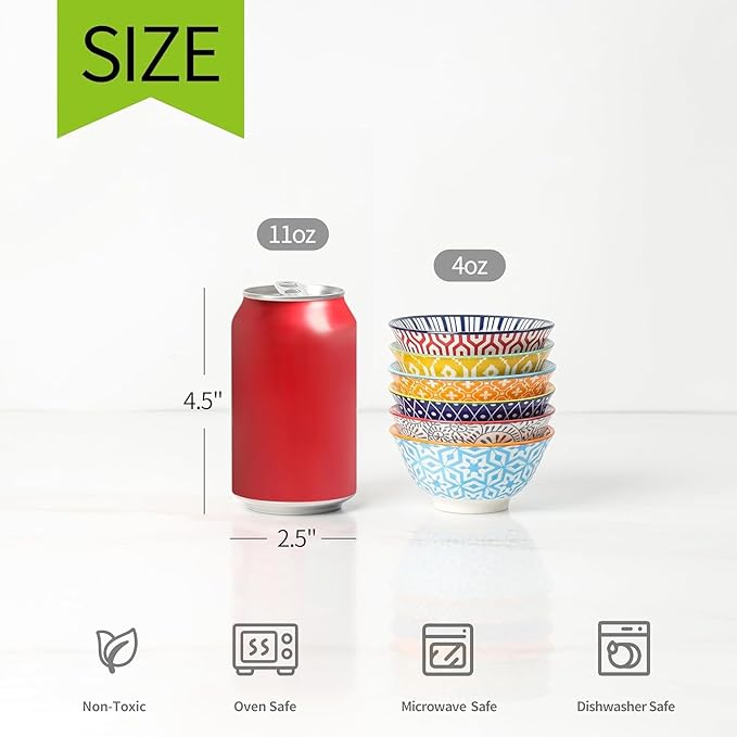 Selamica Ceramic Mini Bowl Set, 4 oz Dipping Bowls for Snack Side Dishes Condiment, Set of 6, Assorted Colors