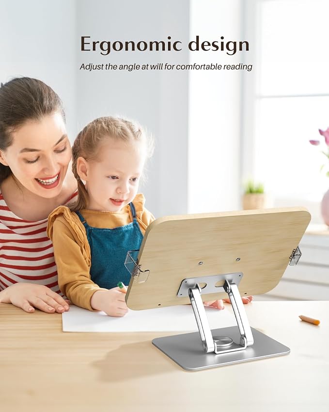 Book Stand for Reading,KVRG Adjustable Book Holder with 360° Rotating Metal Base,Foldable Cookbook Stand, Reading Hands Free with ABS Expandable Page Clips for Recipe,Textbook,Laptop-Oak