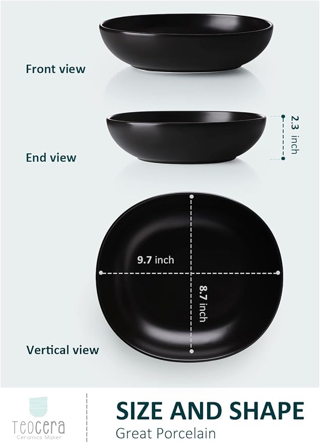 Teocera Pasta and Salad Bowls Set - Large 50 Ounce Porcelain Matte Black Square Bowls, Set of 4 - Microwave and Dishwasher Safe
