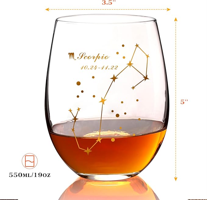 HOHY Scorpio Wine Glass - 20oz Golden Stemless Constellation Glass, Zodiac Sign Horoscope Gift for Women Men, Astrology Define Design