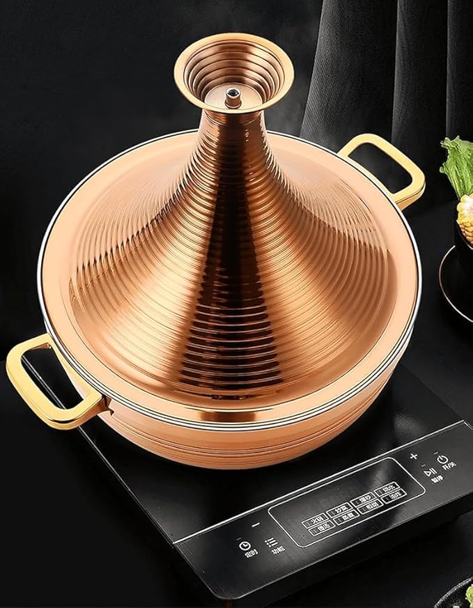 304 Stainless Steel Non-Stick Tagine Pot, Slow Cooker Casserole with High Lid for Seafood, Compatible with Induction Cooktops(Size:24cm/9.44inch,Color:Gold)