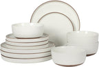 Gibson Elite Northrock Stoneware Dinnerware Set, 16-Piece Service for 4 Plates and Bowls Set – White Dishes with Hand-Painted Terracotta Base