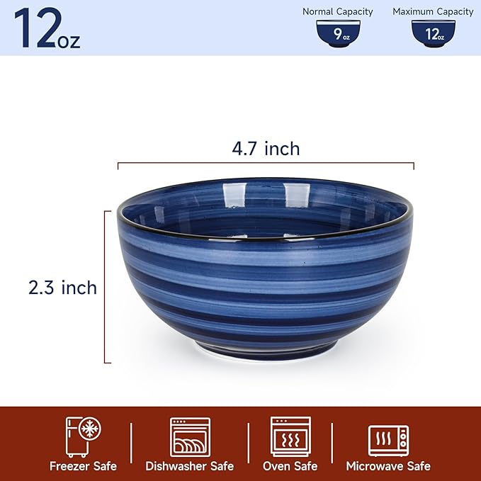 KitchenTour Dessert Bowls Set of 6, 12 OZ Ceramic Cereal Bowls for Kitchen, 4.7 Inch Small Bowls for Snack, Fruit, Ice Cream - Microwave & Dishwasher Safe, Assorted Cool Colors