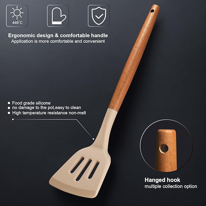 RAXCO Kitchen Set,18-Piece Silicone Cooking Utensils and Stainless Steel Chef's Knives,Khaki