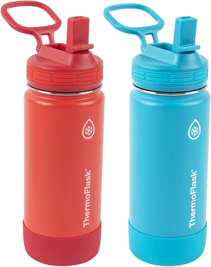 ThermoFlask Kids Bottle with Straw Lid - Durable & Dishwasher-Safe Water Bottles & Lids - Leak-Proof Bottle Lid Design - Reusable Water Bottles for Everyday Use - 16 oz, Red/Blue (2 Pack)