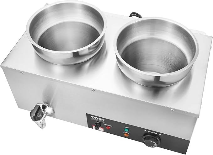 VEVOR Electric Soup Warmer, Dual 7.4QT Stainless Steel Round Pot 86~185°F Adjustable Temp, 1200W Commercial Bain Marie with Anti-Dry Burn and Reset Button, Soup Station for Restaurant, Buffet, Silver