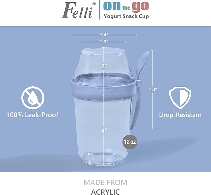 Felli On the Go Yogurt Parfait Snack Cup with Lid 100% Leak Proof, Reusable Travel Container with Spoon + Fruit & Granola Holder for To Go Cereal, Overnight Oats, Chia Pudding Jar (2, Blue Moon)