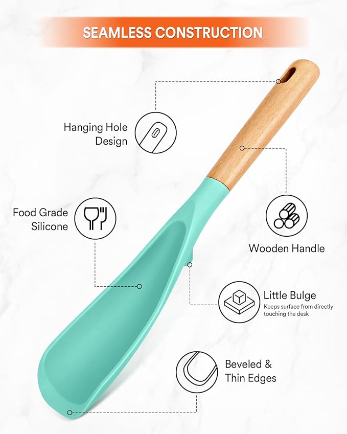 Cooking Spoon and Rice Scooper for Nonstick Cookwares, Great for Cooking and Serving Sturdy BPA-Free Matte Silicone, Wood Handle Spoon for Mixing, Scoop, and Scrape (GREEN)