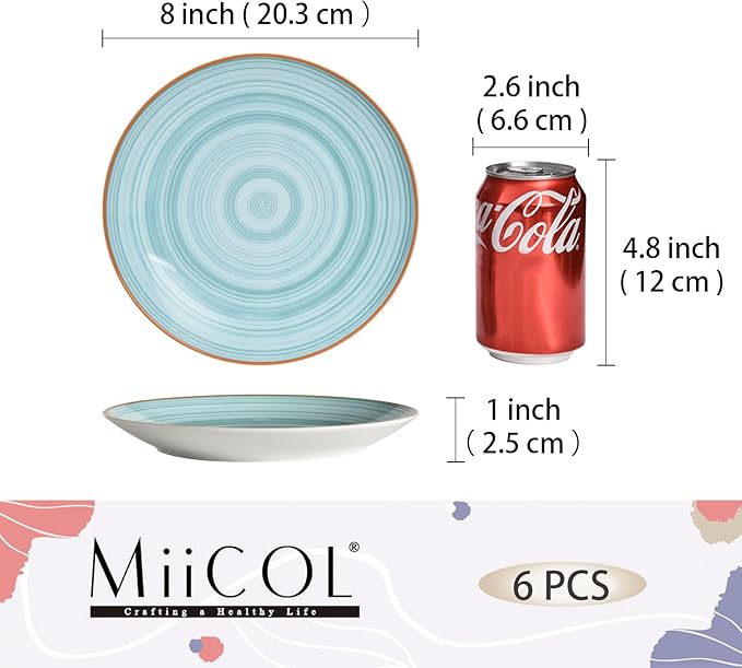 Miicol Ceramic Dessert Plates Set of 6, Colorful Appetizer Plates 8 Inch, Stackable Salad Dishes, Small Dinner Plates, Durable Dinnerware for Kitchen, Party, Wedding, Microwave and Dishwasher Safe