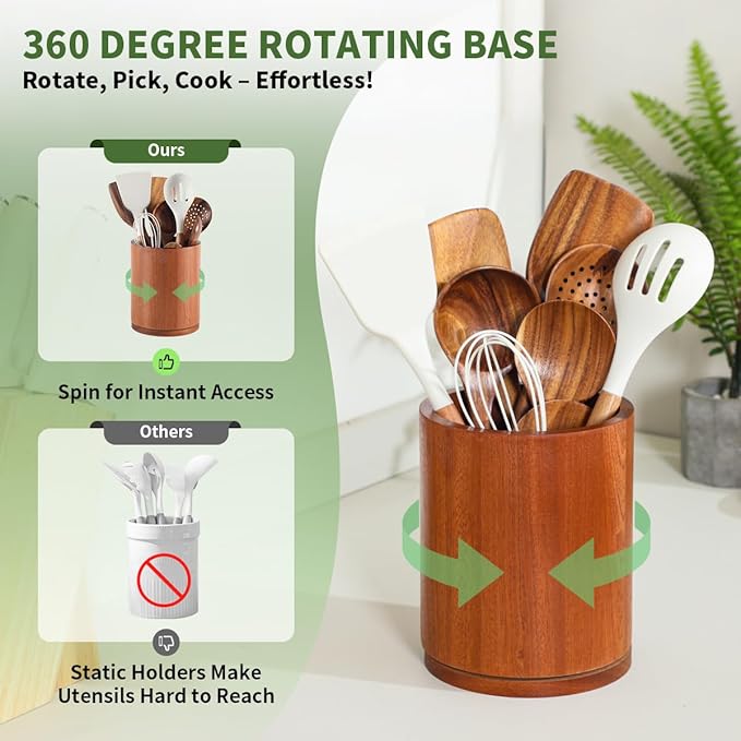 Wooden Utensil Holder, 360°Rotating 7.3'' Large Utensil Holder for Kitchen Counter, Kitchen Utensil Organizer, Utensil Crock, Farmhouse Kitchens Countertop Decor, Sapele Wood