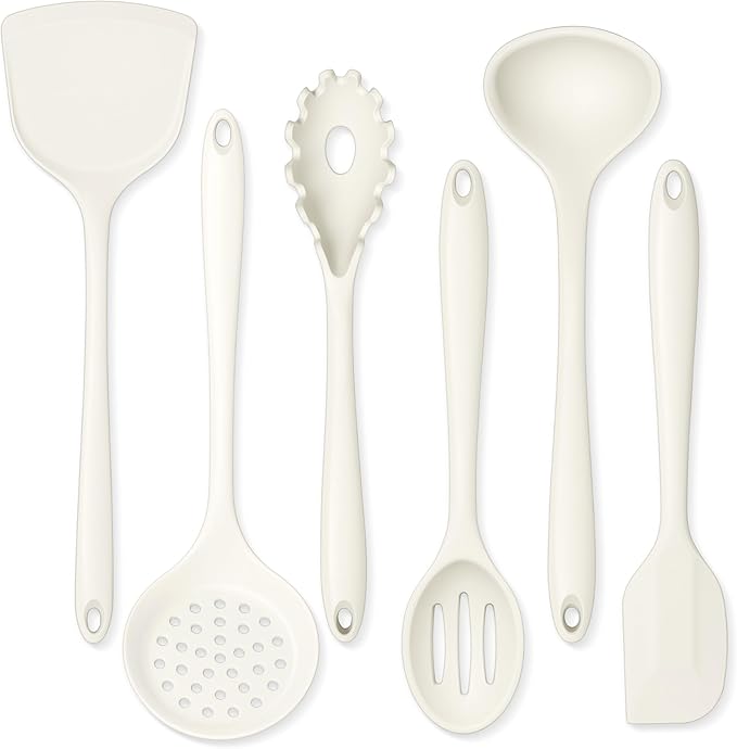 Silicone Cooking Utensils Set, Onader 6 Pieces Kitchen Utensils for Cooking, White Kitchen Utensils Gadget Set of Nonstick Cookware