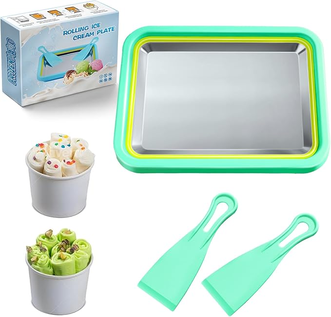 Mini Rolled Ice Cream Maker, Frozen Yogurt Rolls Tray, Instant Cold Plate Ice Cream Maker, Homemade DIY Smoothies, Ideal for Family Hands-on Activities (Mint Green)