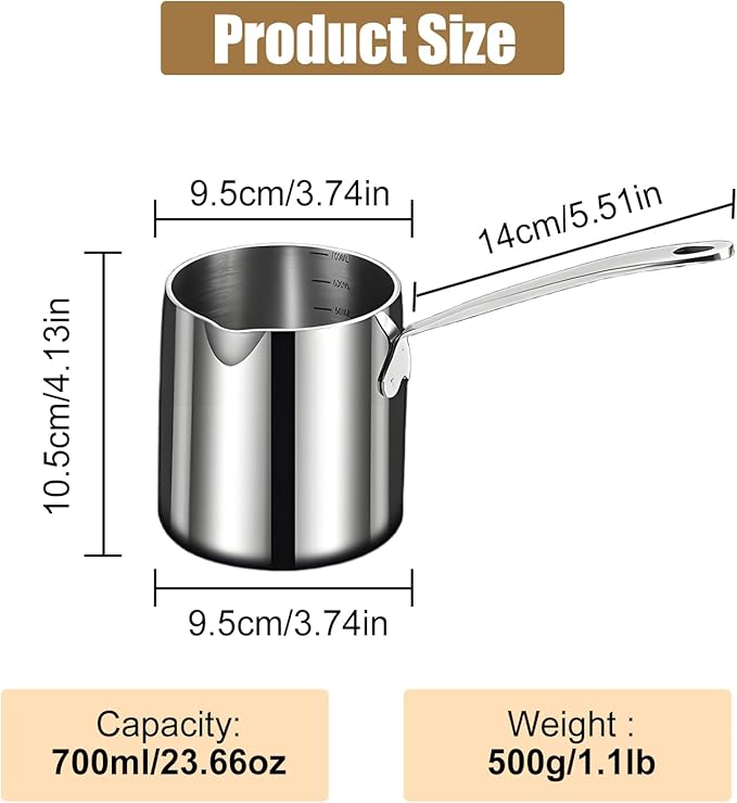 Stainless Steel Butter Warmer Pot with Scale Marks - 700ml/23.66oz Milk Heating Pot for Chocolate, Coffee, Tea - Multi-Layer Melting for Kitchen, Stovetop Safe(700ML)