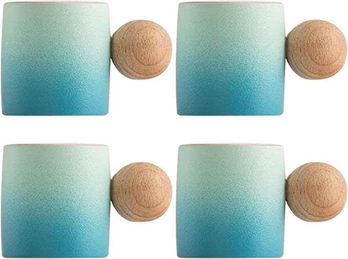 2-Oz Ceramic Espresso Cups with Wood Handle, 2/4-Piece Set for Coffee, Tea, Latte - Dishwasher Safe, Multi-Color & Wood Styles, Gift & Café Use (blue white, Round Handle4)