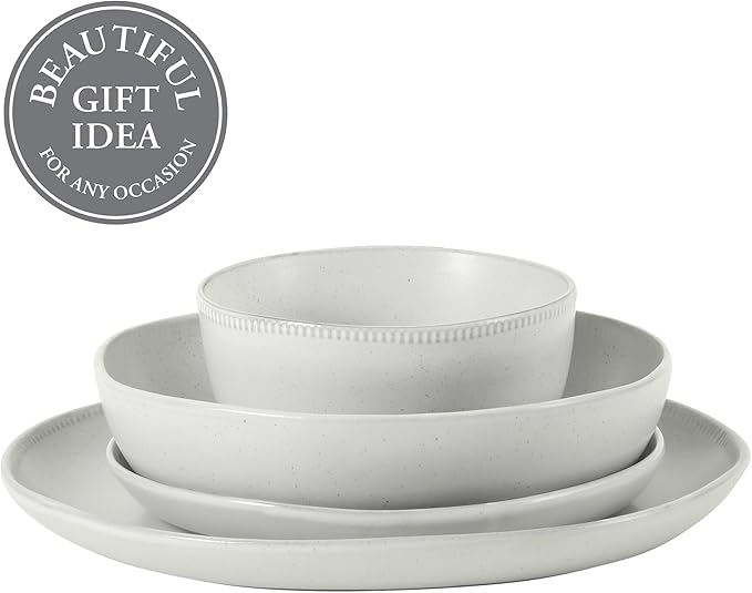 Gibson Elite Menlo Park 16-Piece Pottery Clay Stoneware Dinnerware Set – White Reactive Glaze, Embossed Plates and Bowls W/Pasta Bowl, Service for 4 – Microwave & Dishwasher Safe