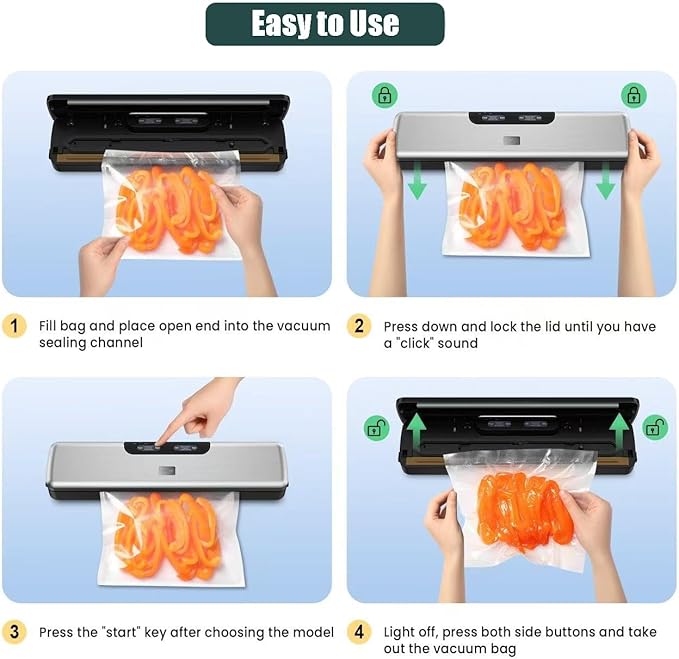 Food Vacuum Sealer Machine Compact Design 100 Times Consecutive Works 5 Food Modes Dry&Moist Multi-Functional Vacuum Sealing Saver Storage with 10 Vacuum Seal Bags