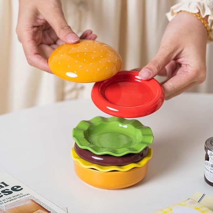 Mini Ceramic Sauce Plates Sets (6 Pieces), Cute Hamburg Style Dessert Plates & Snack Bowls with Lid Sets. Novel Tableware Gift.
