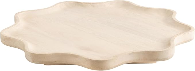 Kate and Laurel Alezar Mango Wood Wavy Round Lazy Susan Tray, 18 Inch Diameter, Light Bleached Wood, Scalloped Wooden Countertop Organizer with Turning Lazy Susan for Kitchen Storage or Ottoman Tray