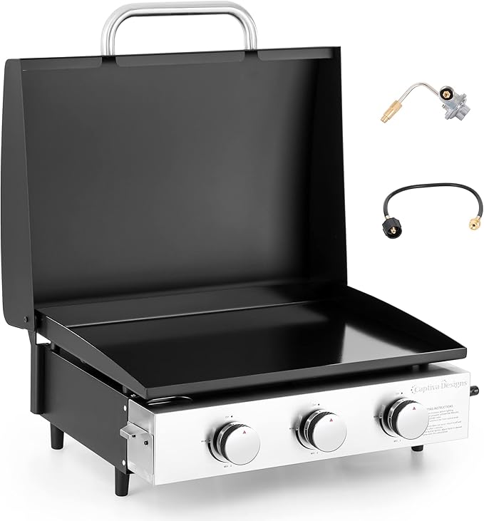 Captiva Designs 22 in Flat Top Grill with Ceramic Coated Cast Iron Pan, Portable Tabletop Propane Gas Griddle Grill for Camping, Outdoor & Tailgating Barbecue, 24,000 BTU Output, 3 Burners