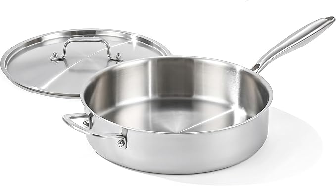 DELARLO 5QT Saute Pan Tri-Ply Stainless Steel Pan, 12Inch Deep Frying Pan with Steel cover, Kitchen Large Skillet,Heavy Duty Style Compatible With All Cooktops Up to 650℉