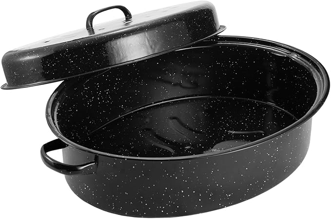 Granite Roaster Pan, 19” Enameled Roasting Pan with Domed Lid. Oval Turkey Roaster Pot, Broiler Pan Great for Turkey, Chicken, Lamb, Vegetable. Dishwasher Safe Cookware Fit for 20Lb Turkey by Kendane