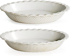 getstar Ceramic Pie Pan Set of 2, 9 inch Pie Dish for Baking, Non-Stick, Oven & Dishwasher Safe, Farmhouse Decor Quiche Baking Dish, Pie Plate, Deep Dish Pie Pan (Embossed Stripes+Dots)