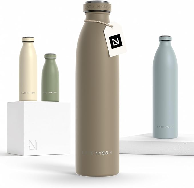 LARS NYSØM Stainless Steel Insulated Water Bottle 12 oz 17 oz 25 oz 34 oz 51 oz | Insulated Thermo Flask for Hot and Cold Beverages | Leakproof Drinking Bottle (Taupe Brown, 25.4 oz)