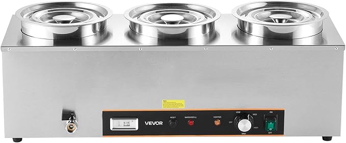 VEVOR Electric Soup Warmer, Three 6.34QT Stainless Steel Round Pot with 86~185°F Adjustable Temp, 1500W Commercial Bain Marie with Anti-Dry Burn and Reset Button, Soup Station for Restaurant, Buffet