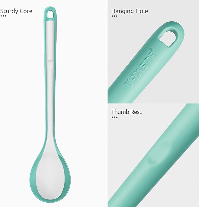 13.3" Solid Cooking Spoon: U-Taste 600ºF Heat Resistant Kitchen Mixing Spoon, Food Grade Nonstick Long and Large Rubber Soup Utensil for Serving, Stirring, Basting, for Pot Cookware (Aqua Sky)