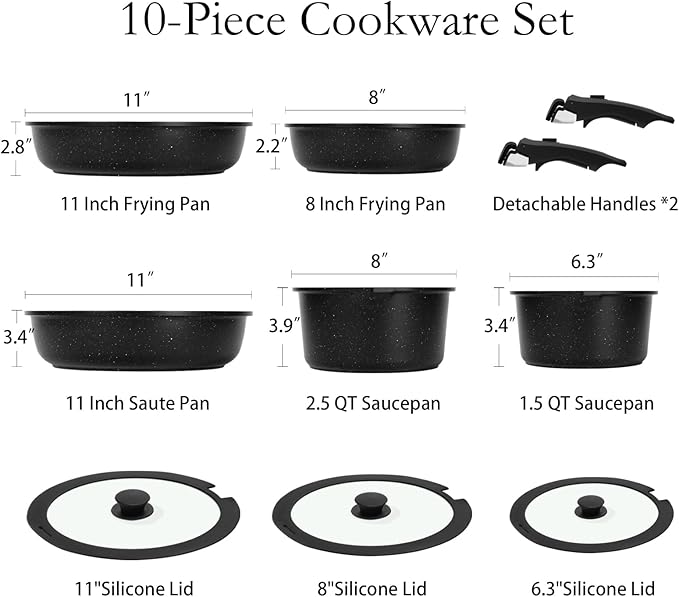 ESLITE LIFE Nonstick Cookware Sets with Detachable Handle,Ceramic Coating Pots and Pans Set Kitchen Cooking Set, Compatible with All Stovetops, PTFE & PFOA Free, Black, 10 Pcs Set
