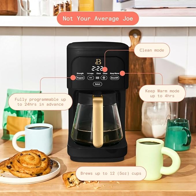 Beautiful 12-Cup Programmable Coffee Maker with Touch-Activated Display, Auto Brew Timer, Reusable Filter & Large Glass Carafe (Black Sesame)